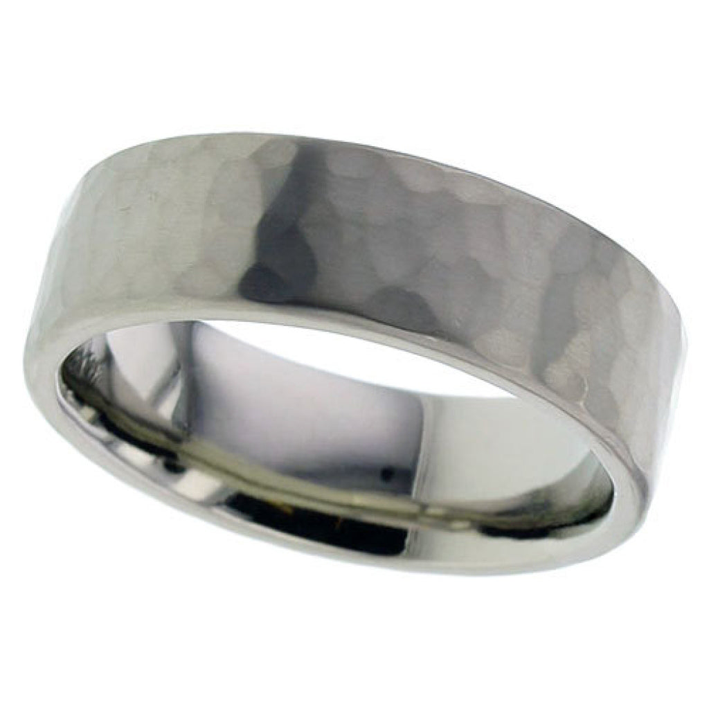 Gunmetal ring with a textured band on a white background