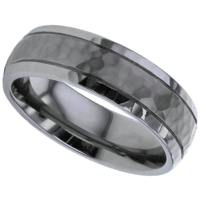 Silver and grey coloured dome ring with a textured finish on a white background