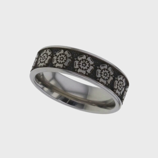 A five second video clip of a Rose Flower Titanium Memorial Ring For Ashes slowly rotating.