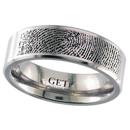 Flat Profile Chamfered Edge Titanium Ring with Fingerprint Laser Engraved