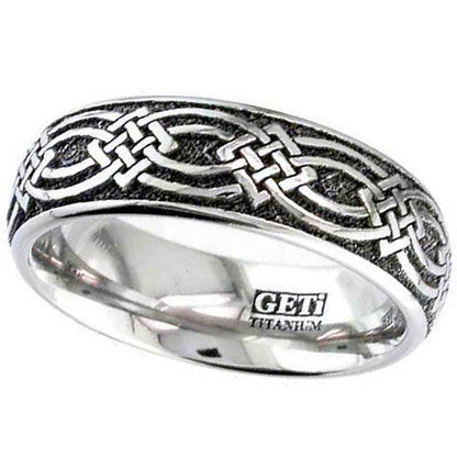 Dome Profile Titanium Ring with Laser Engraved Continuous Celtic Knot Square Detail.