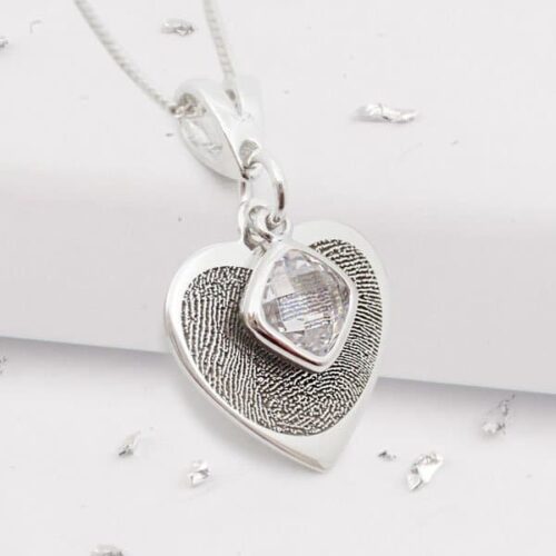 Silver Fingerprint Birthstone Heart Pendant