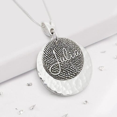 Silver Fingerprint Layered Pendant with Name Inscription