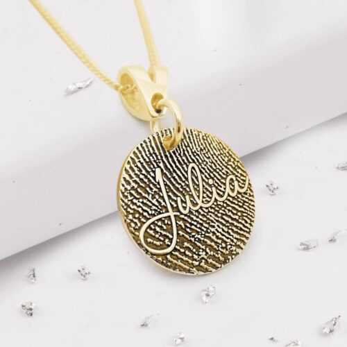 Gold Fingerprint Small Round Pendant with Name Inscription