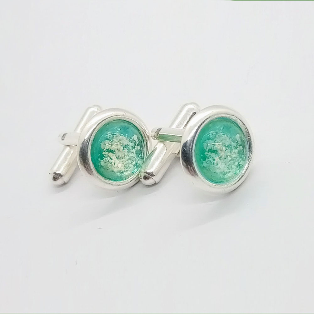 Ashes Glass Silver Round Memorial Cufflinks