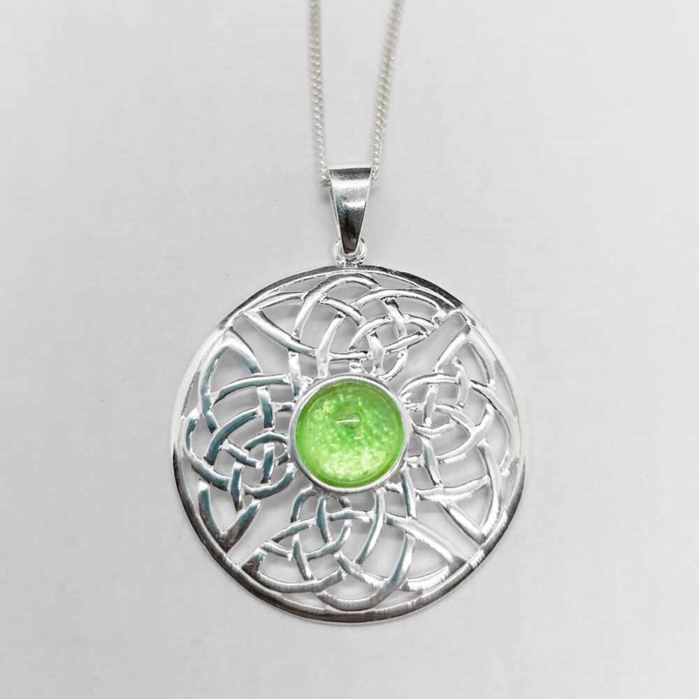 Large Silver Circular Celtic Ashes Glass Pendant Necklace