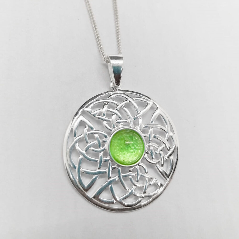 Large Silver Circular Celtic Ashes Glass Pendant Necklace