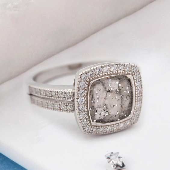 Square Inlaid Crystal Halo Ring, Ashes or Hair