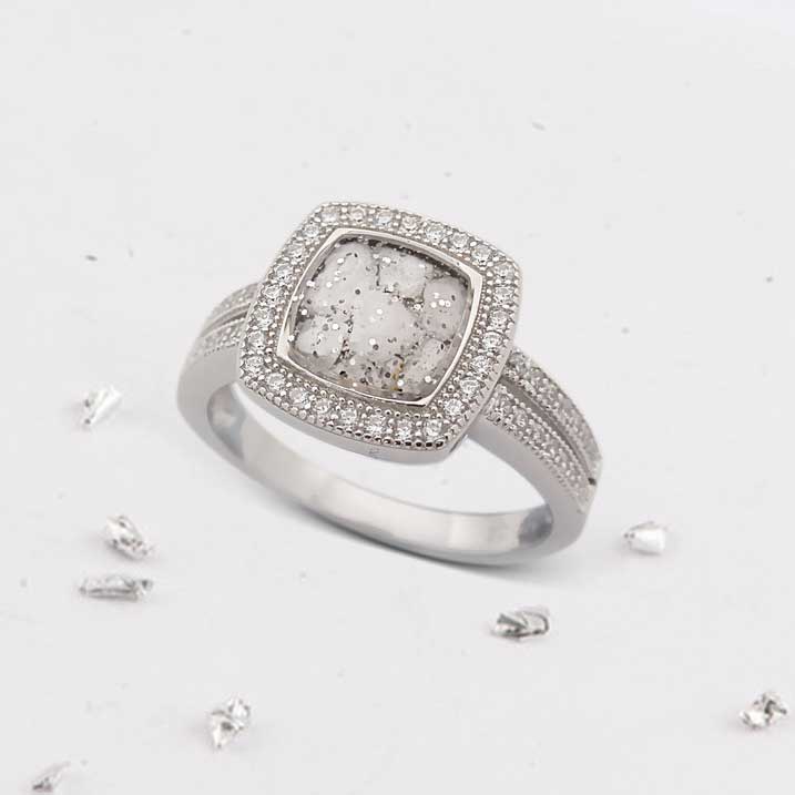 Square Inlaid Crystal Halo Ring, Ashes or Hair