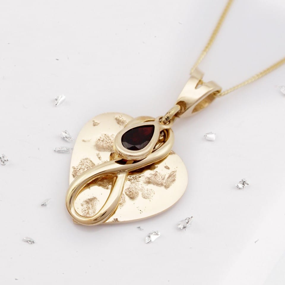 Birthstone Memorial Necklace: Gold Heart Pendant with Infinity Charm and Teardrop Birthstone