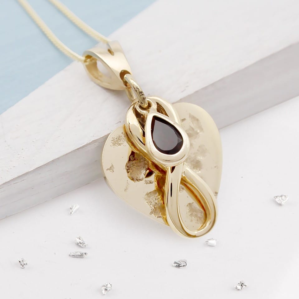 Birthstone Memorial Necklace: Gold Heart Pendant with Infinity Charm and Teardrop Birthstone