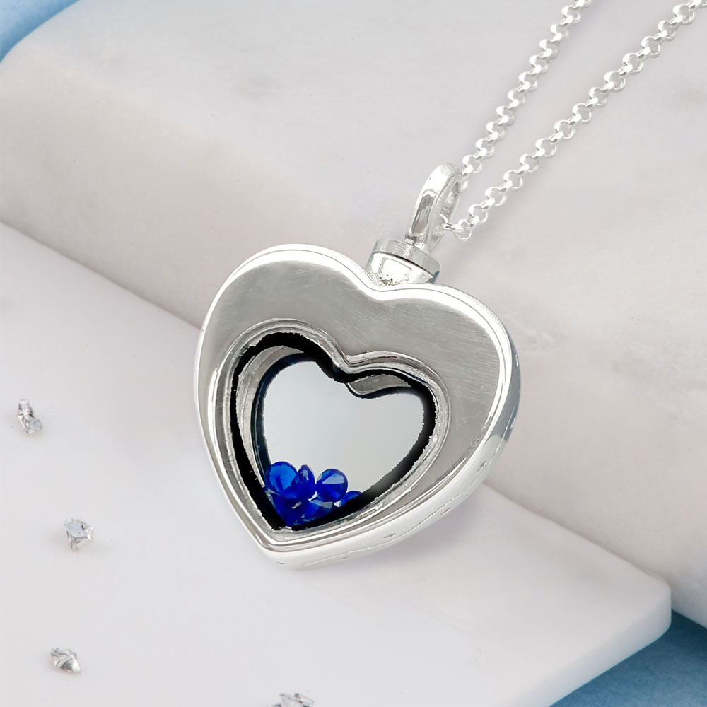 Silver Heart Urn Pendant with Floating Crystals