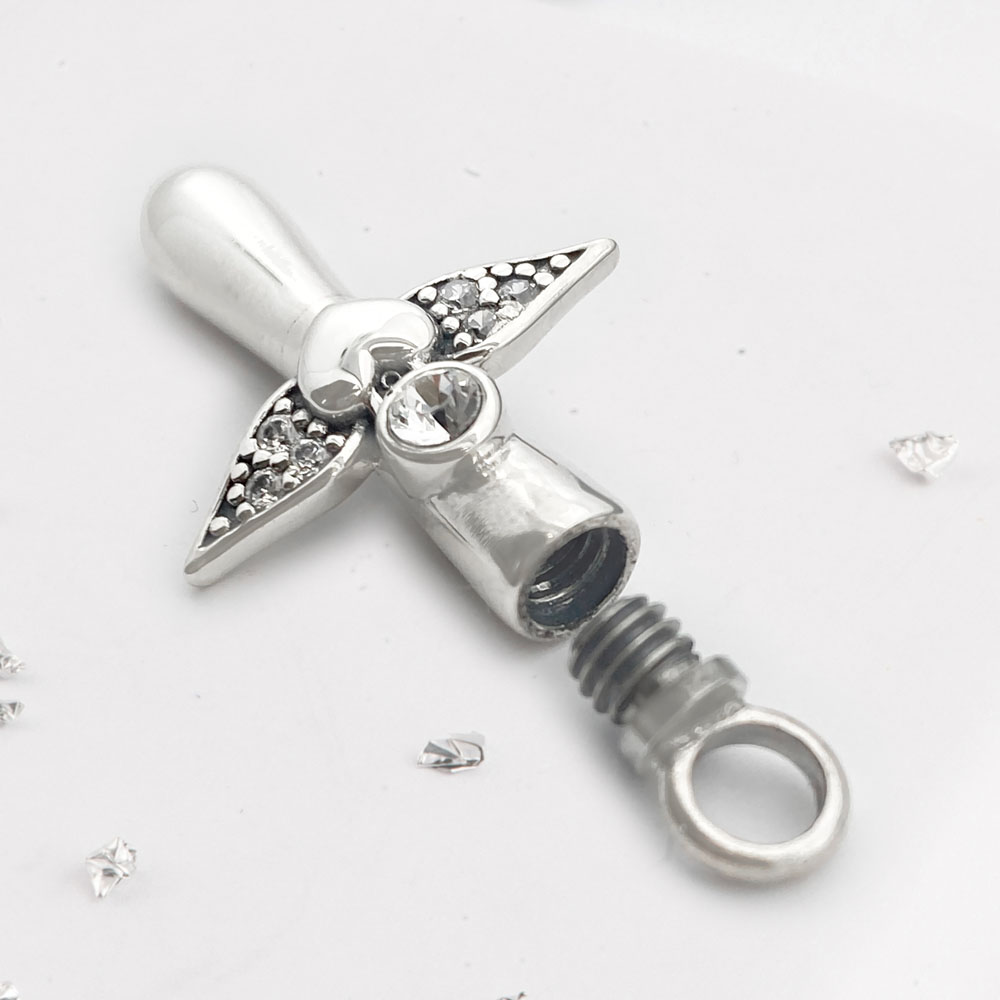 Sterling Silver Winged Crystal Heart Cross Urn Necklace, Ashes or Hair