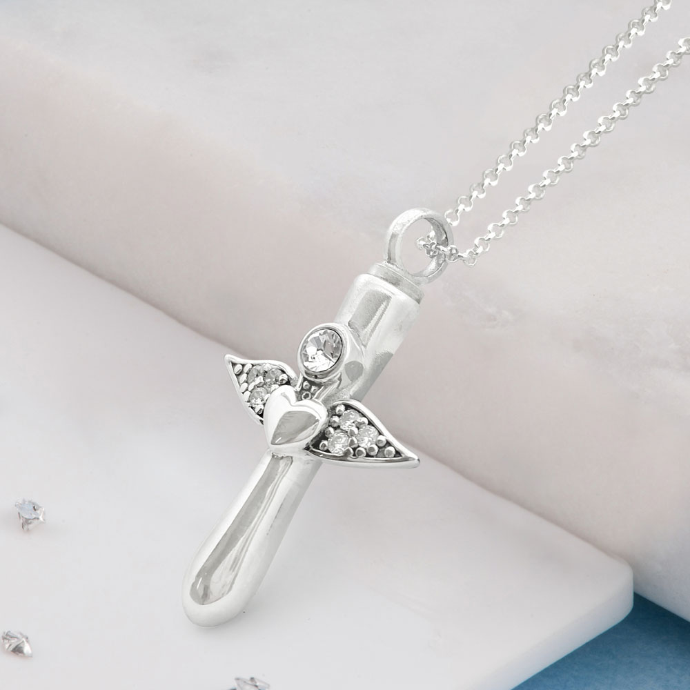 Sterling Silver Winged Crystal Heart Cross Urn Necklace, Ashes or Hair