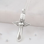 Sterling Silver Winged Crystal Heart Cross Urn Necklace, Ashes or Hair