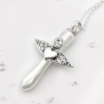 Sterling Silver Winged Crystal Heart Cross Urn Necklace, Ashes or Hair