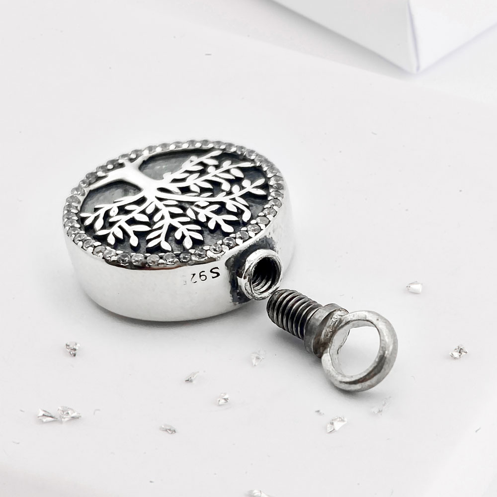 Sterling Silver Tree of Life Self-Fill Urn Pendant with Crystal Halo