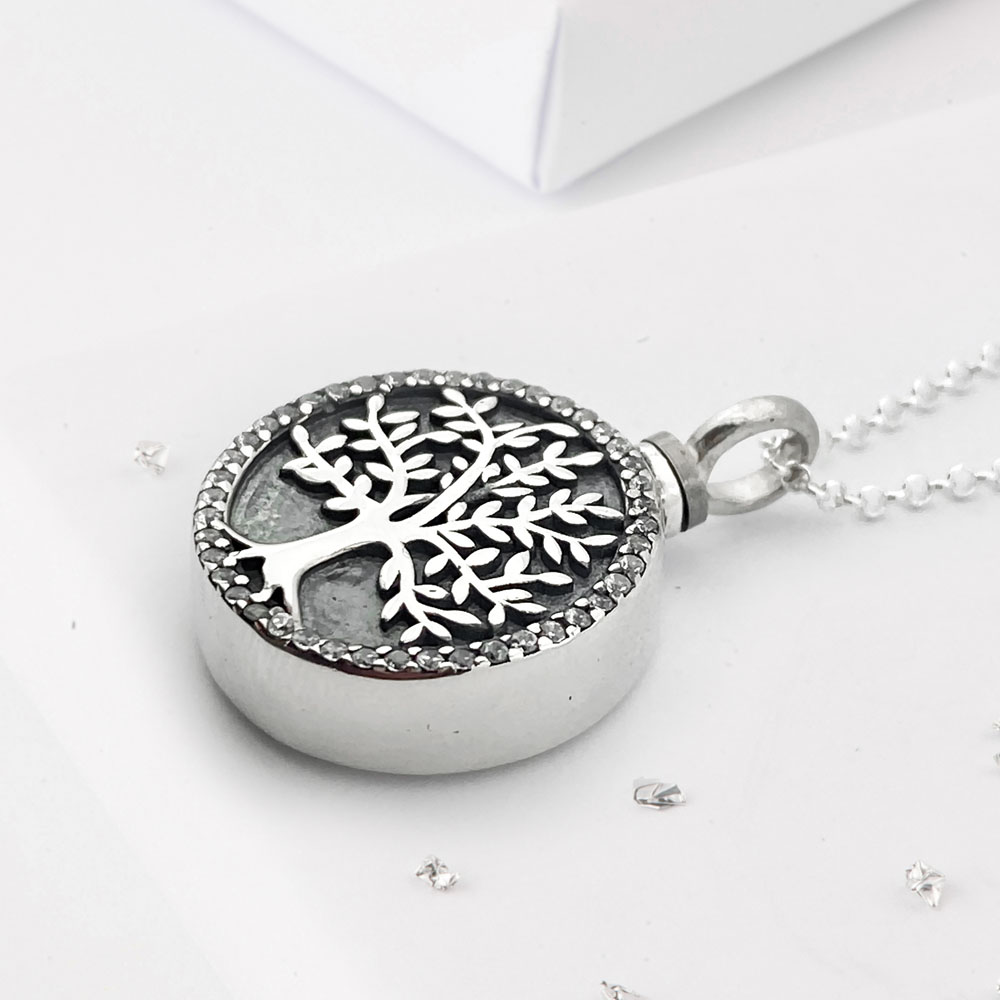Sterling Silver Tree of Life Self-Fill Urn Pendant with Crystal Halo