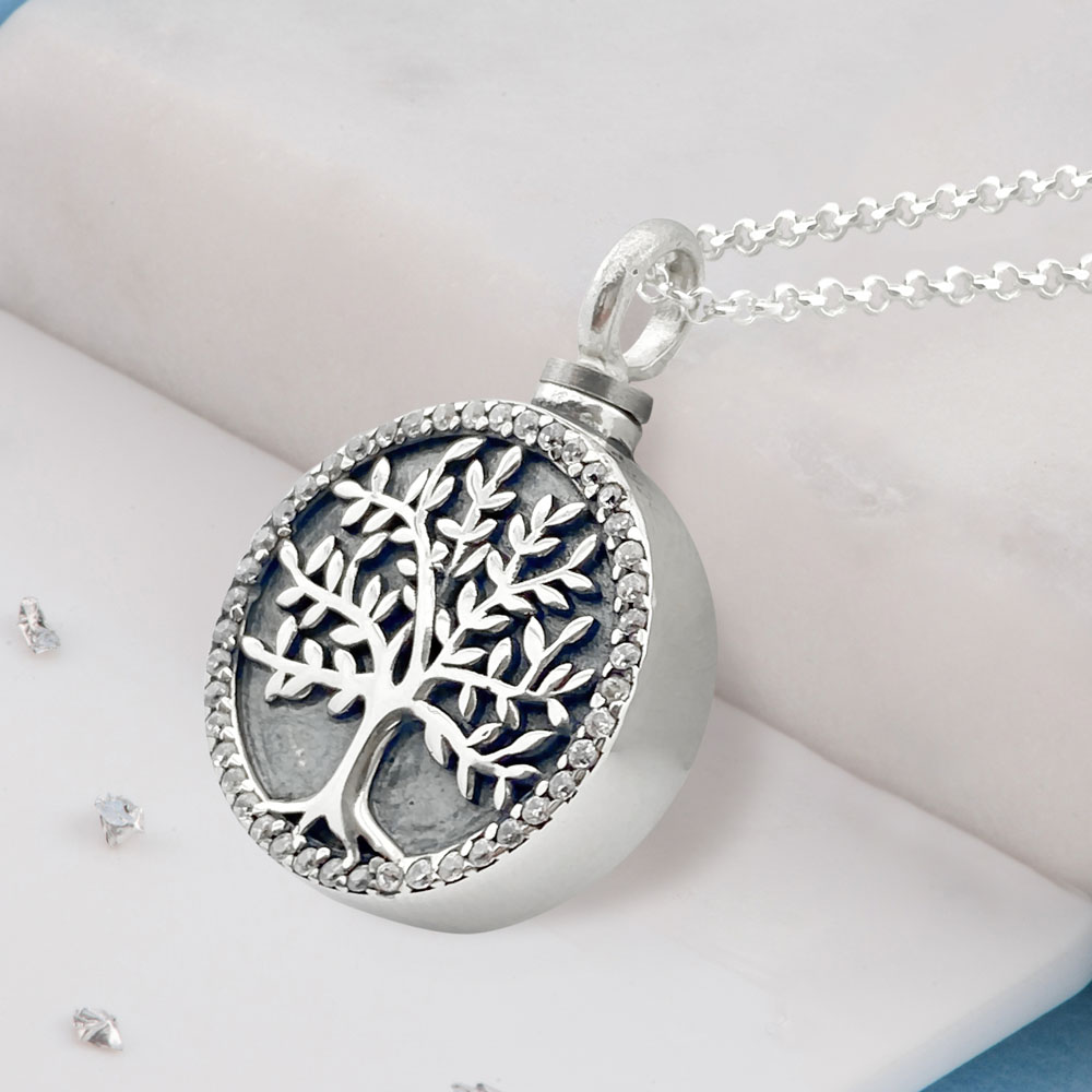 Sterling Silver Tree of Life Self-Fill Urn Pendant with Crystal Halo