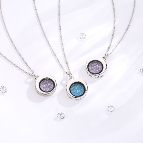 Circular Sterling Silver Urn Pendant with Floating Crystals – x3