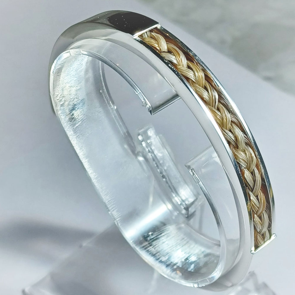 Heavy Solid Sterling Silver Cuff Bracelet With Inlay Of Braided Horse Hair