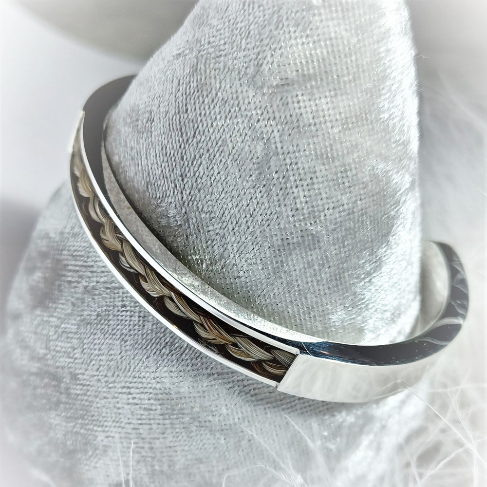 Heavy Solid Sterling Silver Cuff Bracelet With Inlay Of Braided Horse Hair