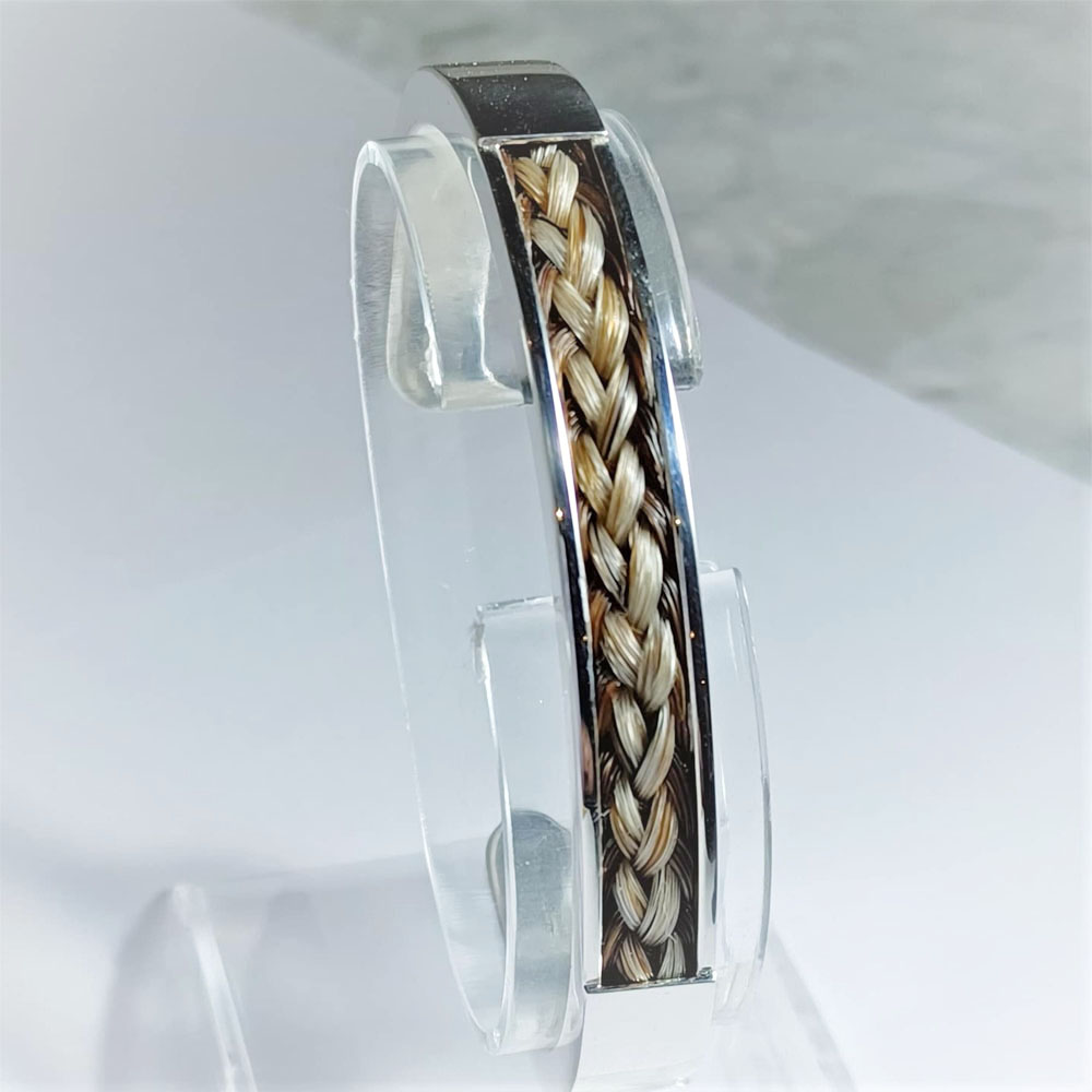 Heavy Solid Sterling Silver Cuff Bracelet With Inlay Of Braided Horse Hair