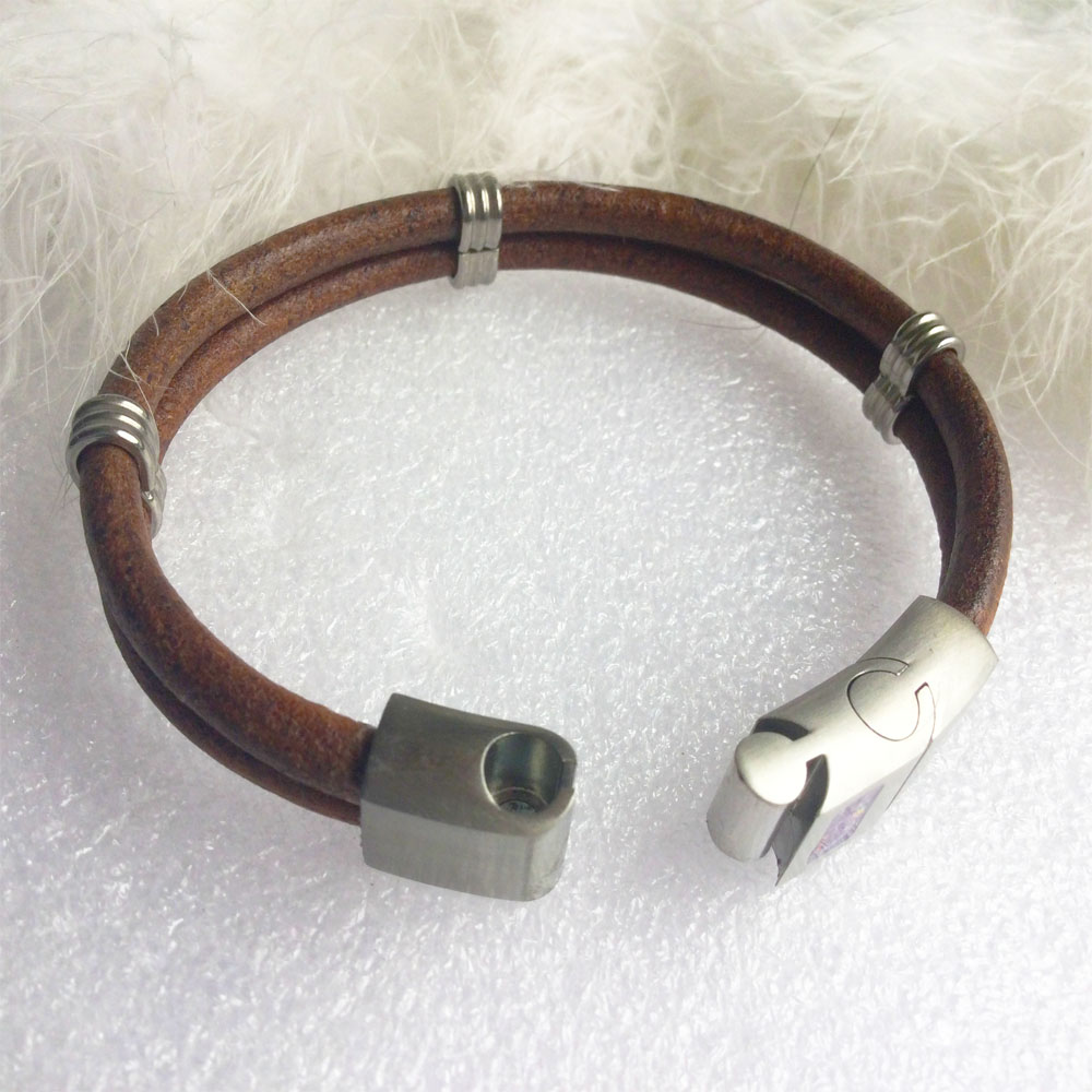 Two-Strand Leather Bracelet for Ashes or Hair in Heart Stainless Steel Clasp