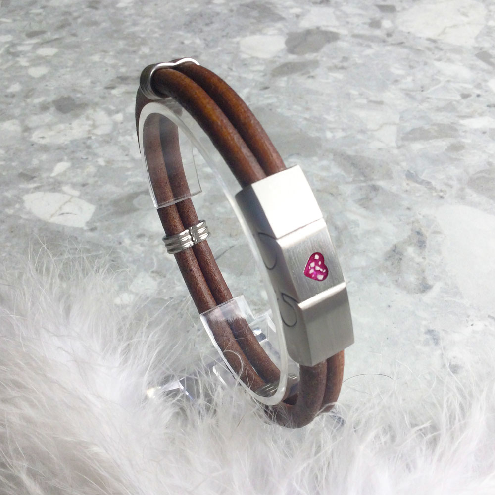 Two-Strand Leather Bracelet for Ashes or Hair in Heart Stainless Steel Clasp