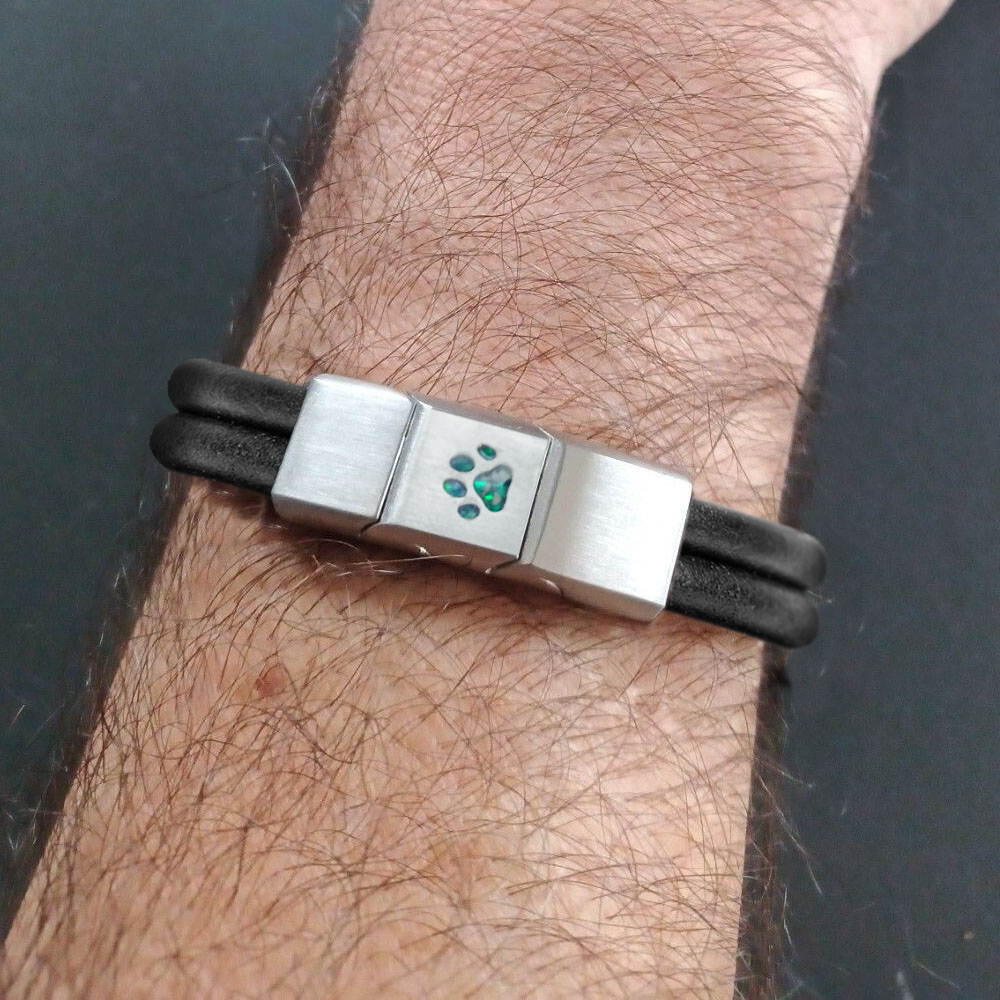 Two-Strand Leather Bracelet for Ashes or Hair in Paw Print Stainless Steel Clasp