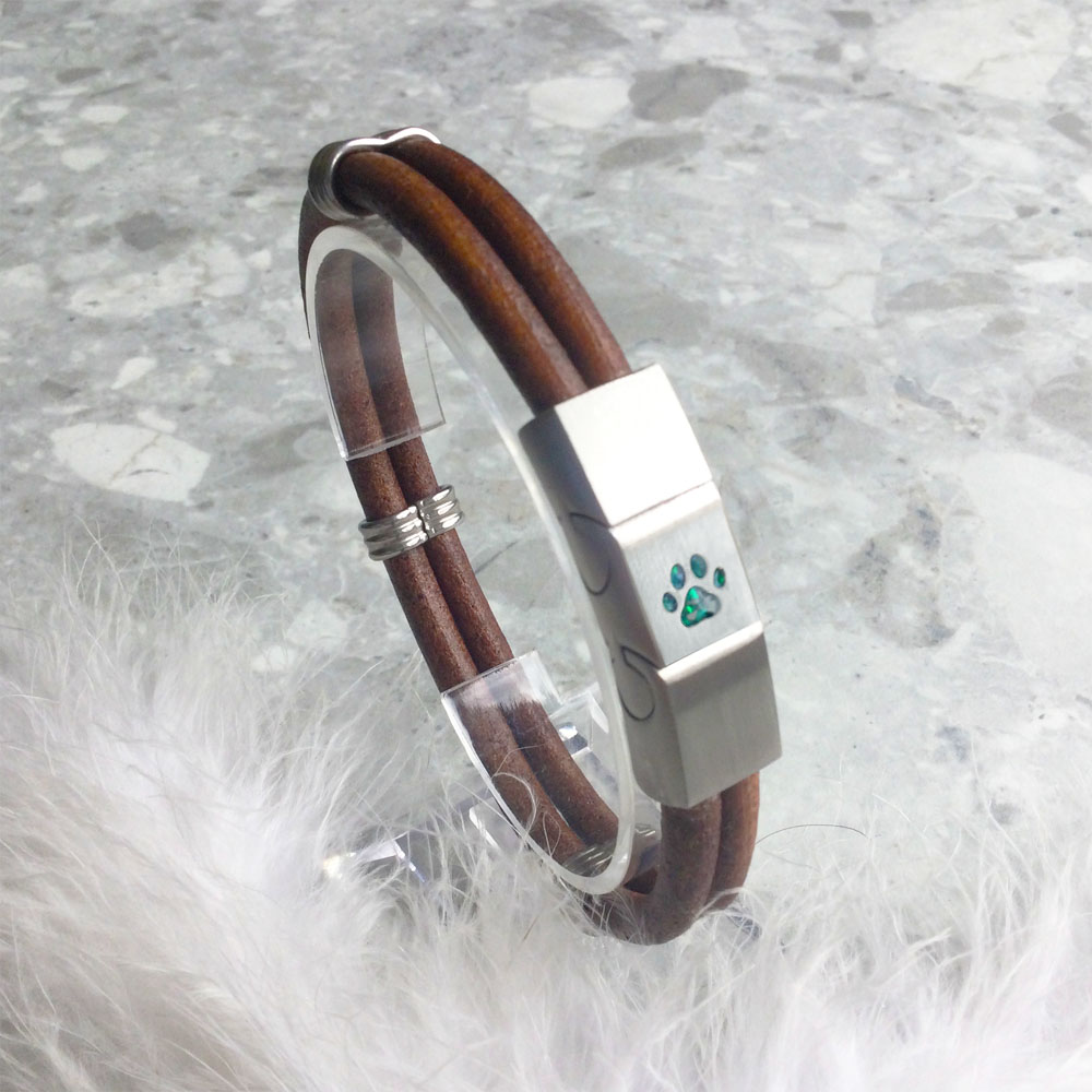 Two-Strand Leather Bracelet for Ashes or Hair in Paw Print Stainless Steel Clasp