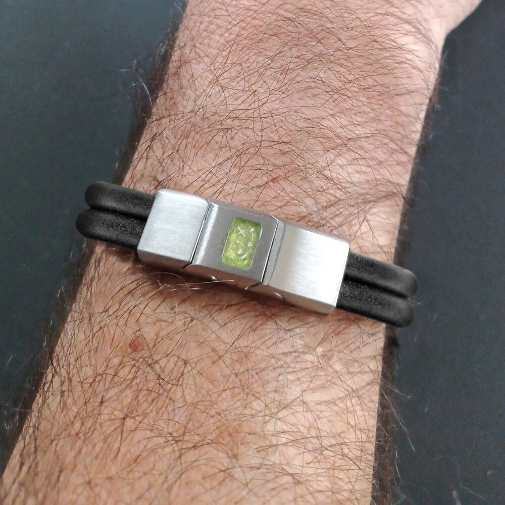 Two-Strand Leather Bracelet for Ashes or Hair in Rectangle Stainless Steel Clasp