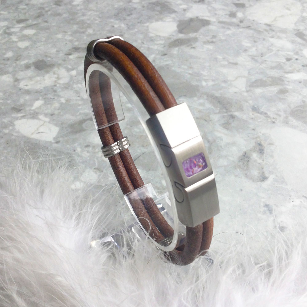 Two-Strand Leather Bracelet for Ashes or Hair in Rectangle Stainless Steel Clasp