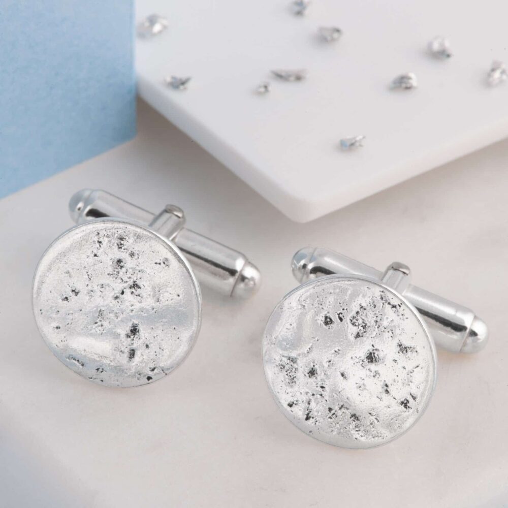 Silver Ashes Imprinted Memorial Circular Cufflinks