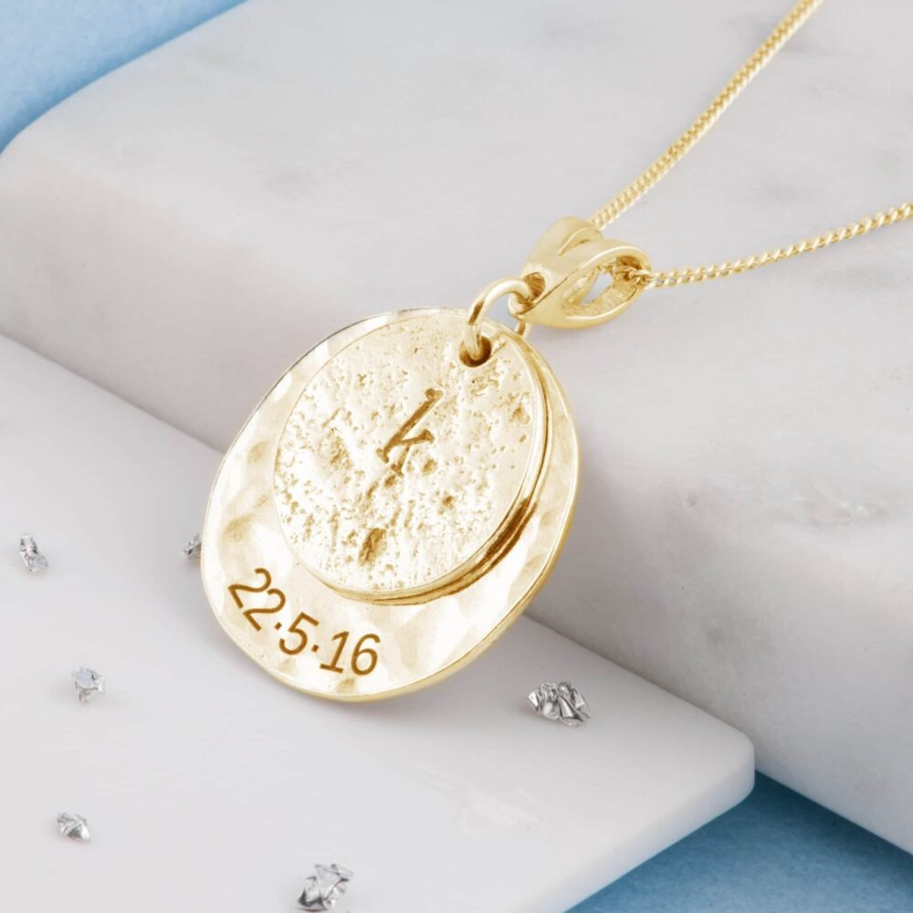 Gold Memorial Pendant, Ashes-Imprint Planished Disc With Initial